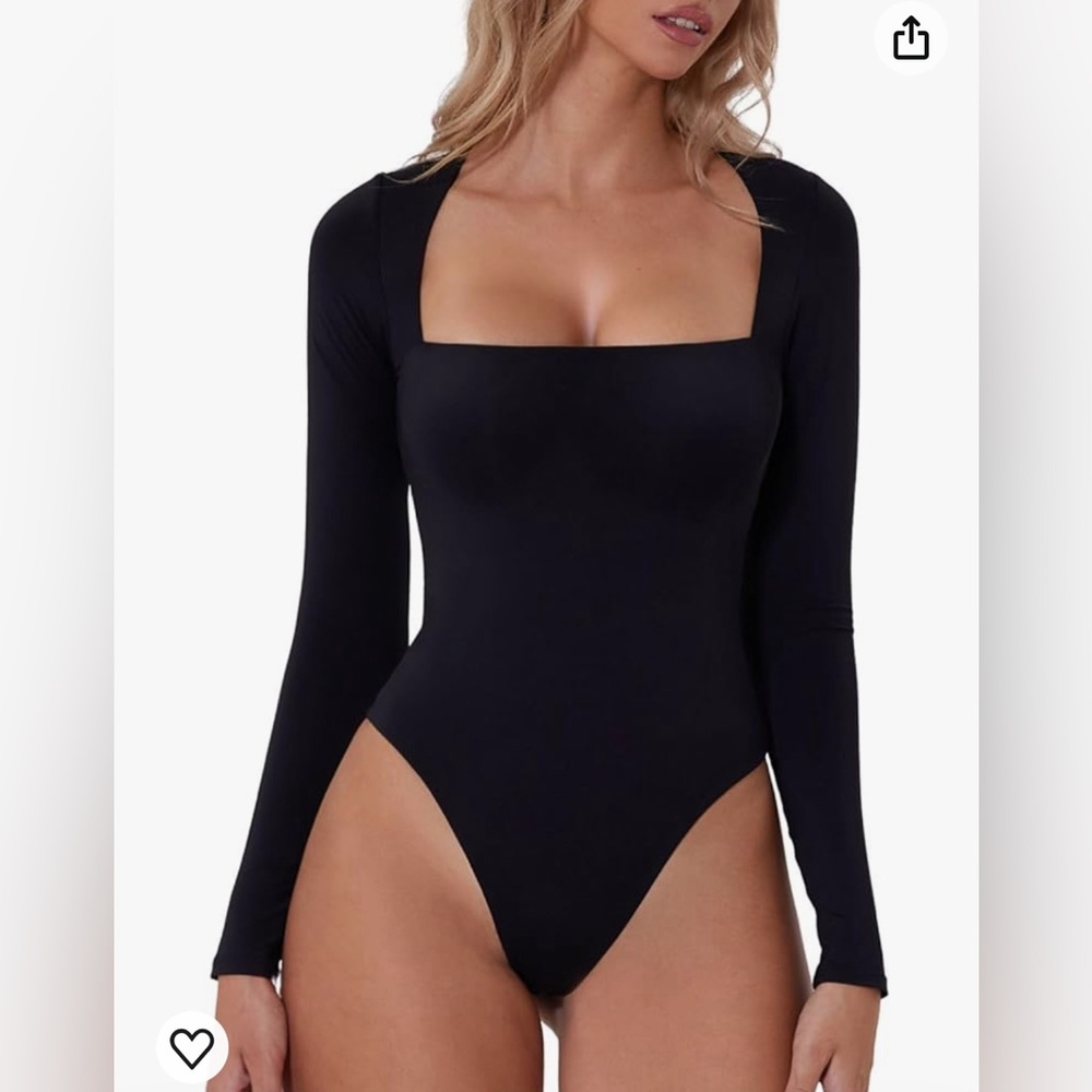 QINSEN Women's Sexy Square Neck Bodysuit Long Sleeve Double Lined Top